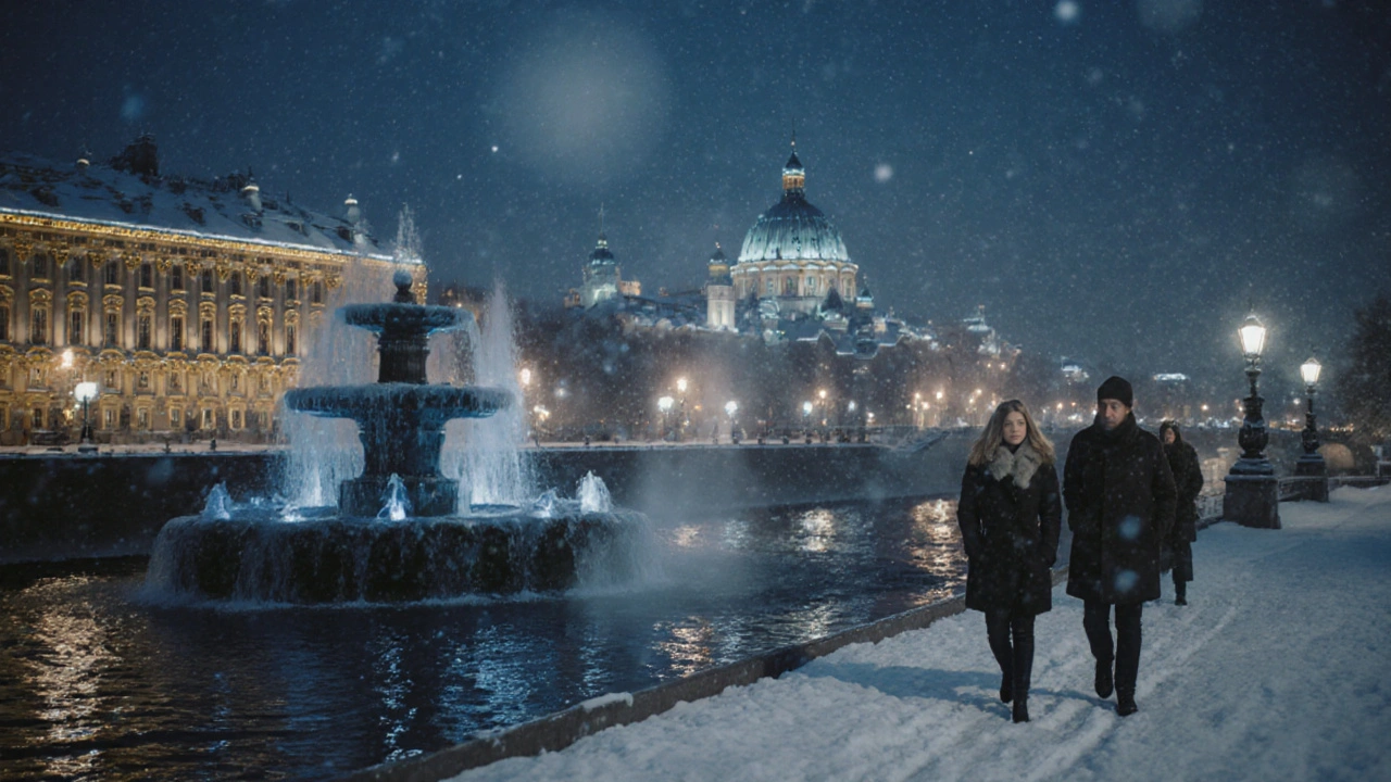 Зимний Санкт-Петербург: туристы гуляют по замёрзшему берегу Невы под снегом.