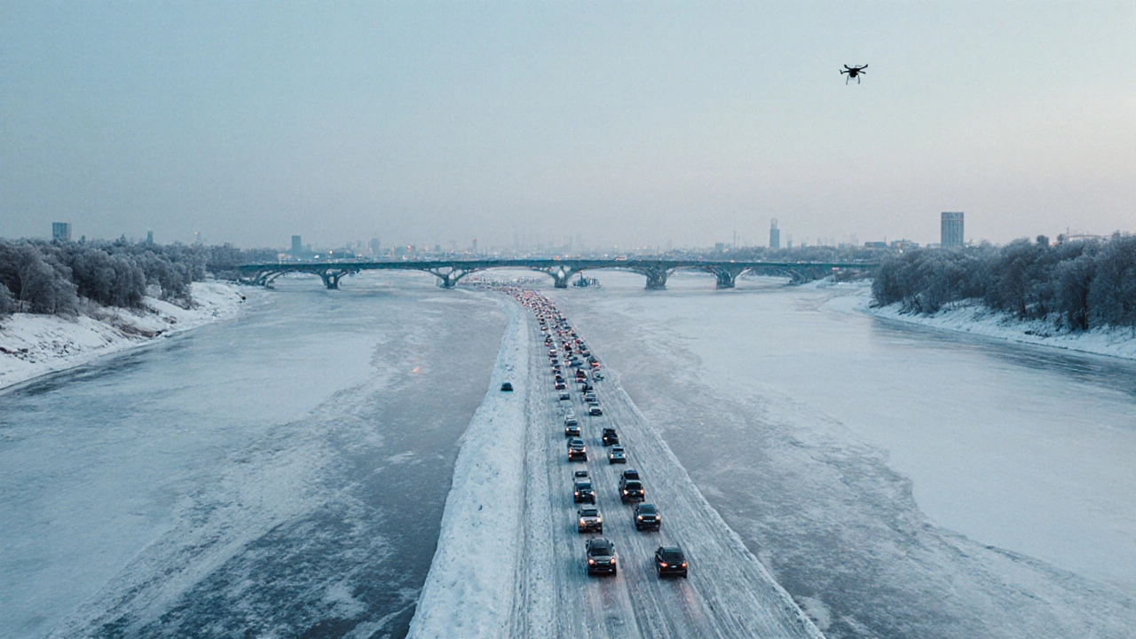 Зимой машины едут по льду Волги между берегами и островом Зелёный в Казани.