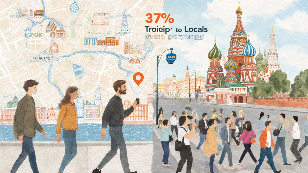 Жители и туристы в Санкт-Петербурге: трое местных проходят мимо толпы, фотографирующей церковь Спаса на Крови.