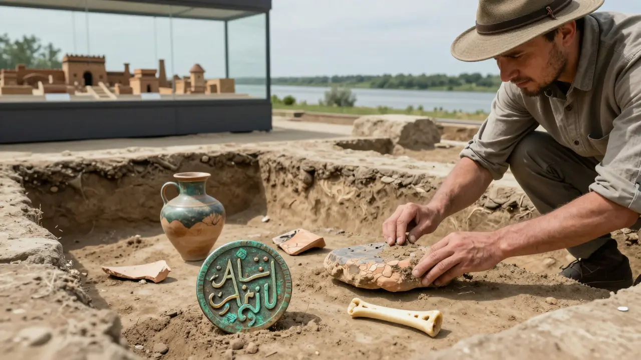 Археолог раскрывает монету с надписью 'Аль-Итиль' на раскопках у современной Астрахани.