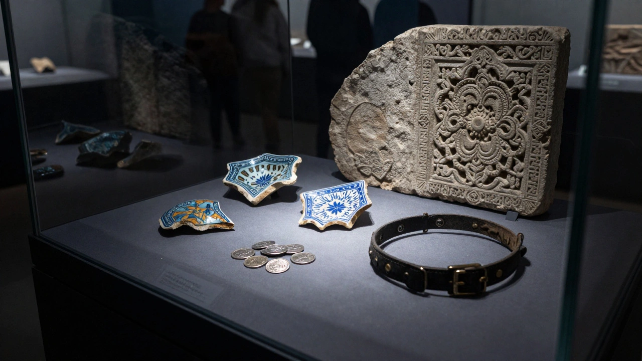 Артефакты из Сарая: керамика, монеты и оружие в музейной витрине Астраханского кремля.