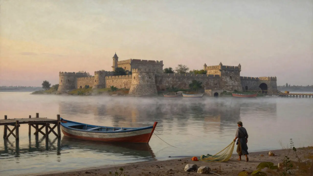 Азов с крепостью и рыболовными лодками у устья Дона