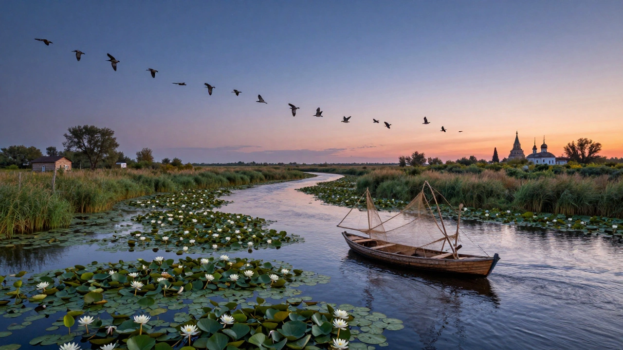 Дельта Волги у Астрахани с каналами, кувшинками и птицами на закате.