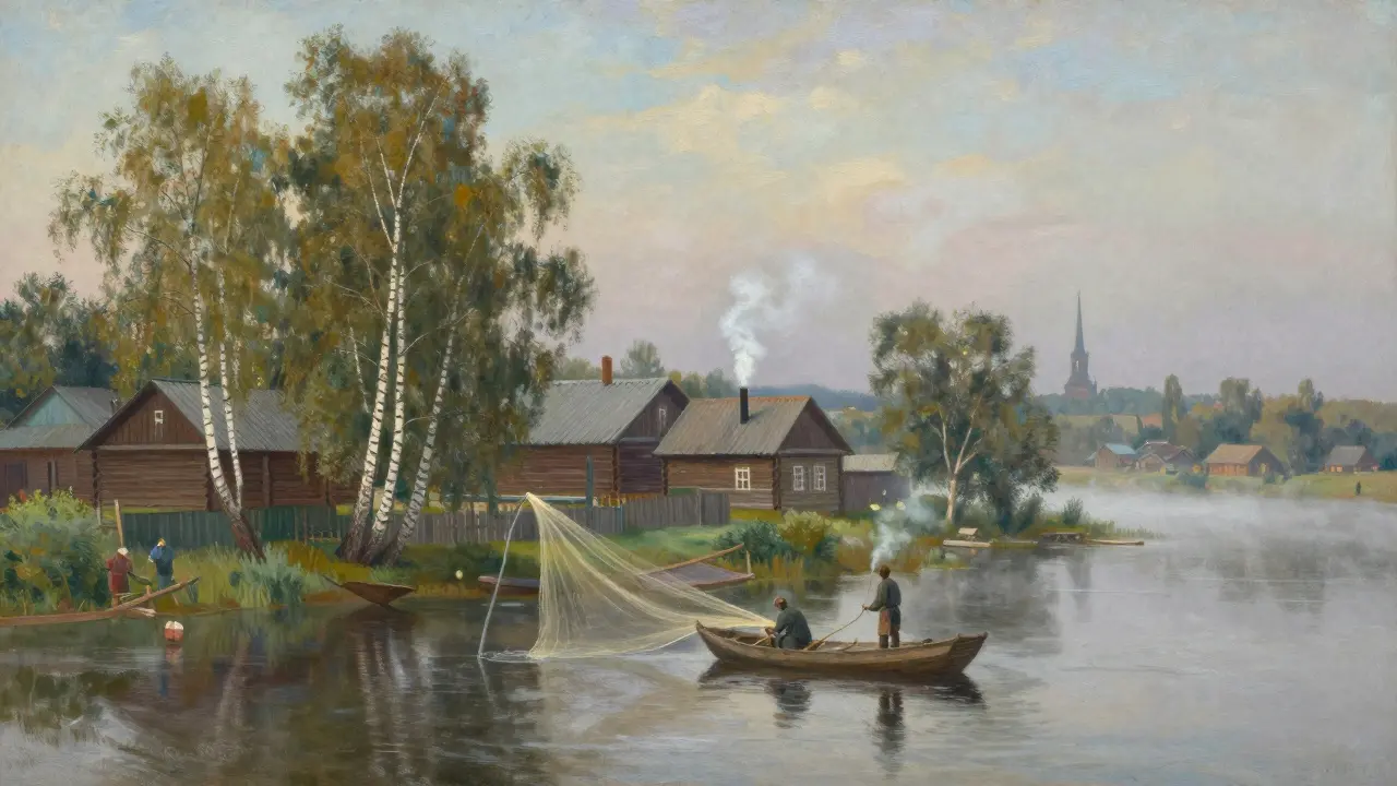 Деревня на берегу Волги у рассвета: рыбаки в лодке, деревянные дома и дым из труб.