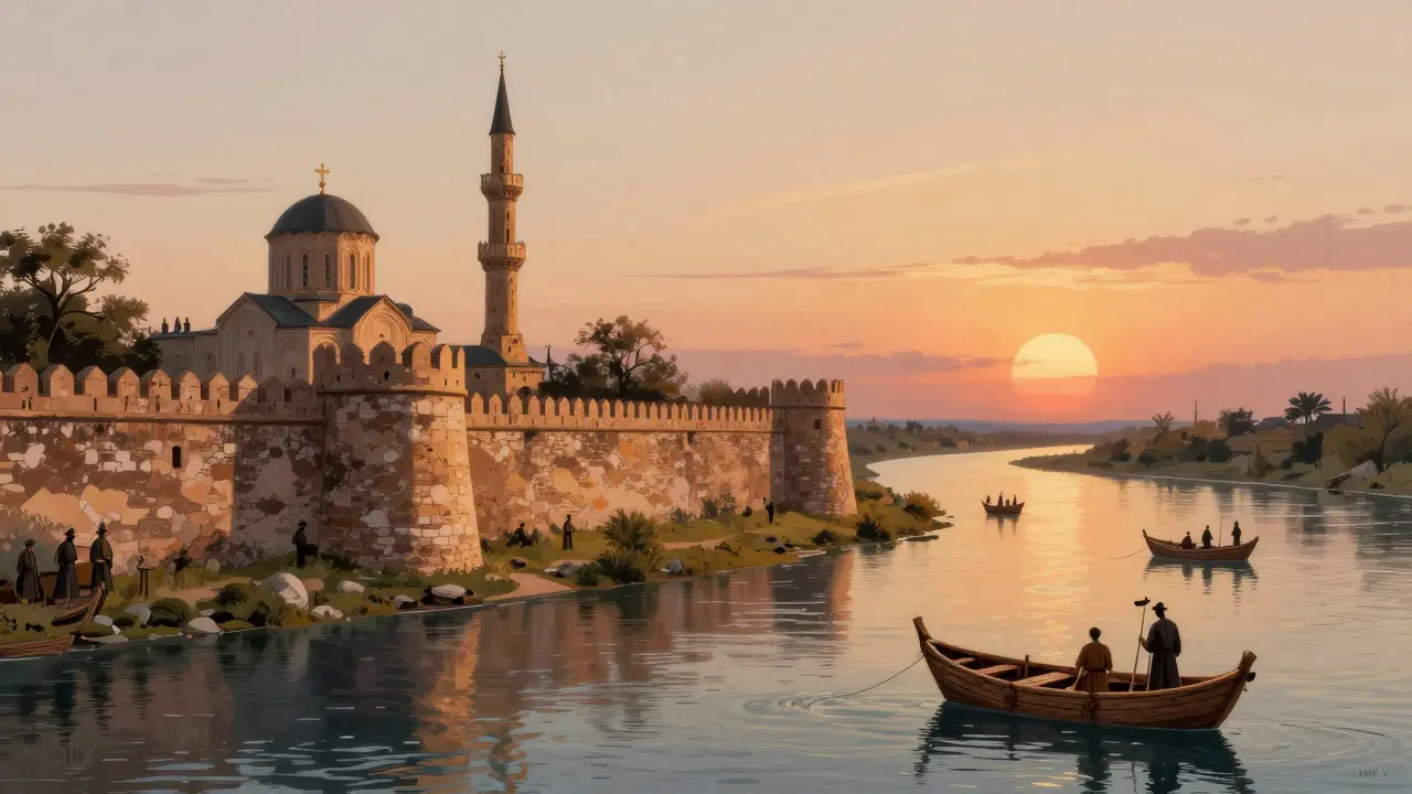 Древняя Азовская крепость на берегу Дона, где река впадает в Азовское море, с церквями и лодками.