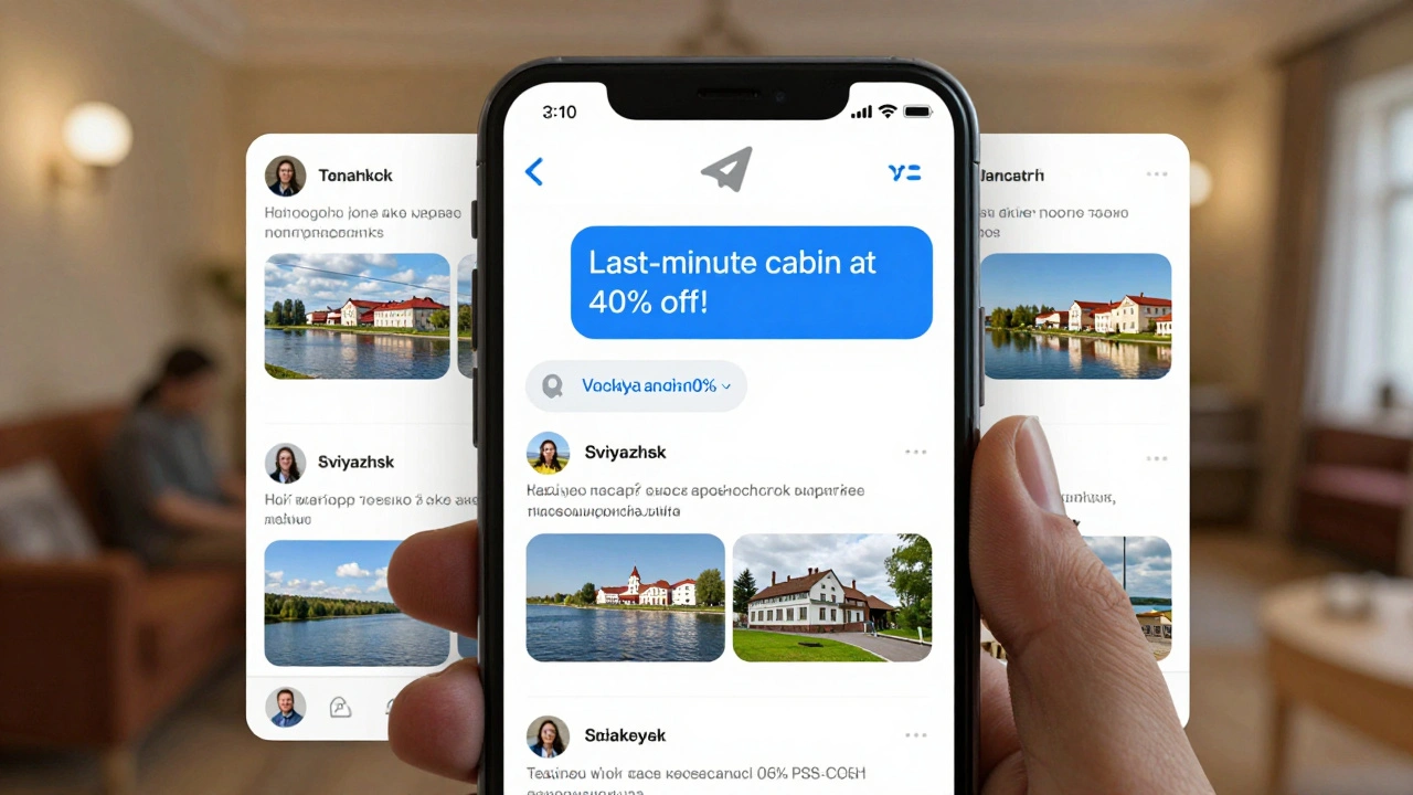Экран смартфона с сообщением о скидке на круиз в закрытом Telegram-канале.
