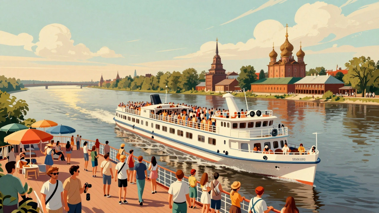 Летний круиз по Волге: туристы на палубе, река и старинные города в золотом свете.