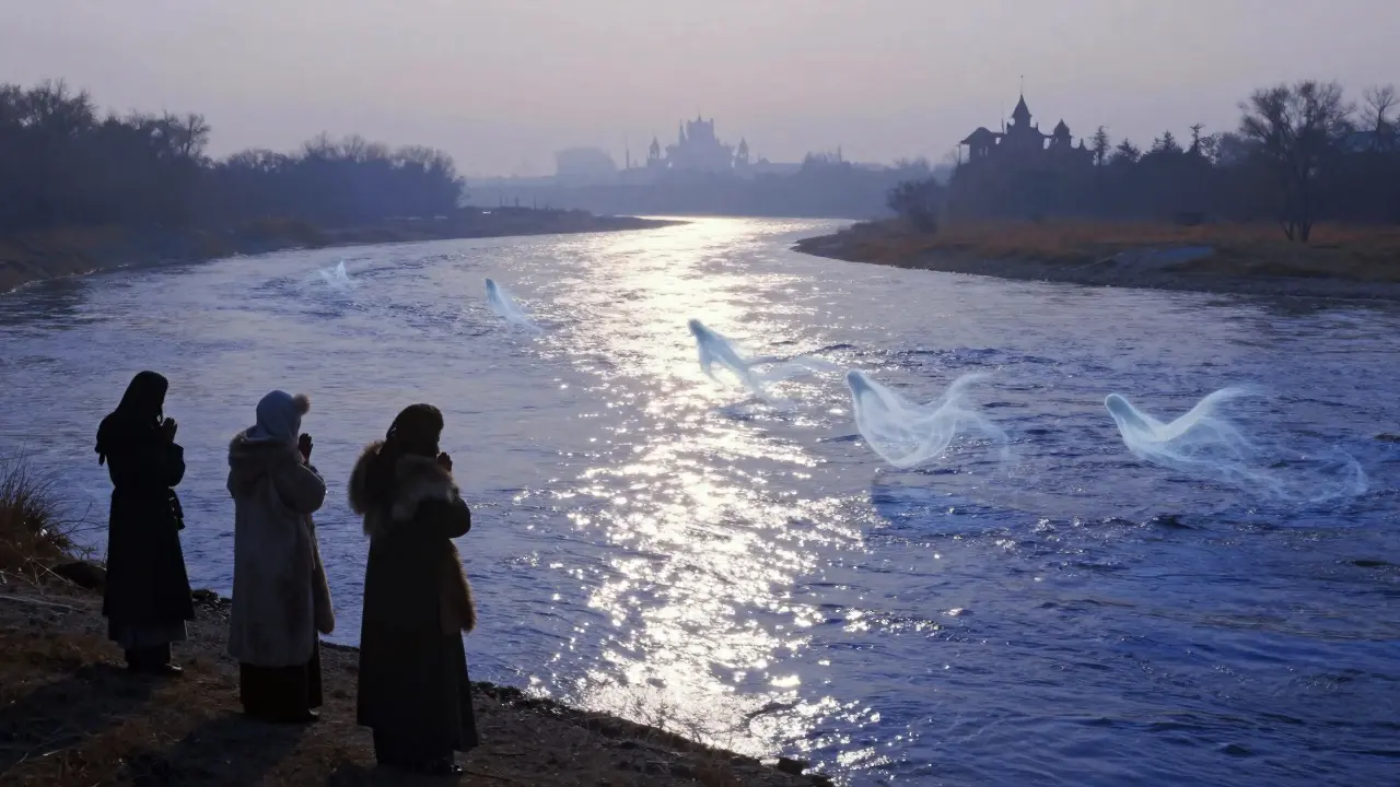 Мистический образ реки как живого божества, с призрачными духами над водой и древними людьми в молитве.