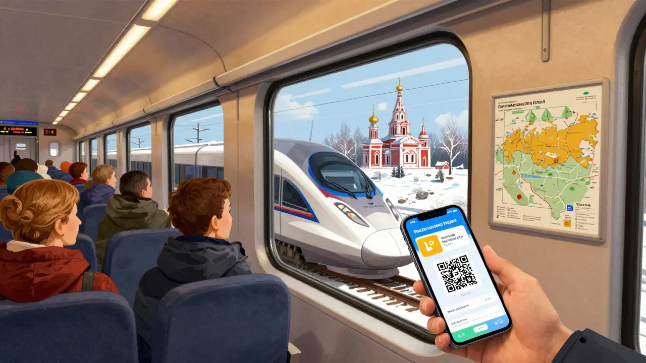Пассажир на скоростном поезде оплачивает покупку через QR-код, за окном — русская деревня и снежный пейзаж.