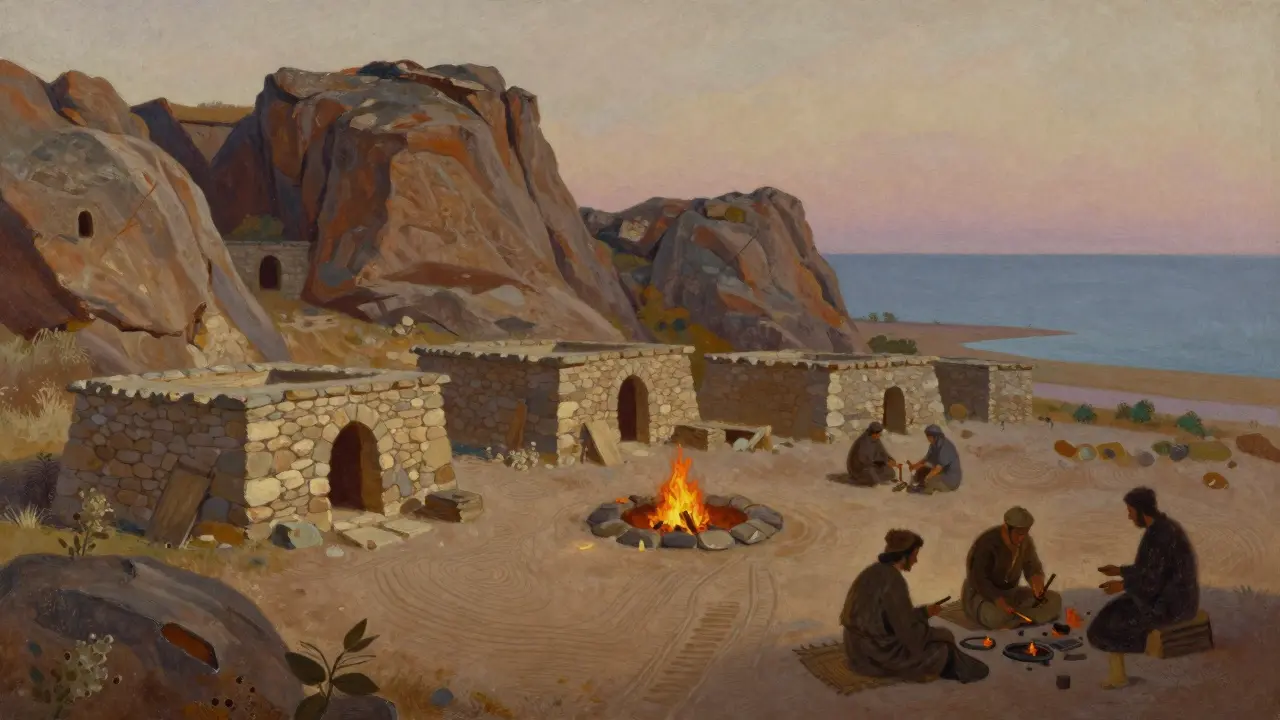 Поселение бронзового века в Дербенте с жилищами и людьми у огня у моря.