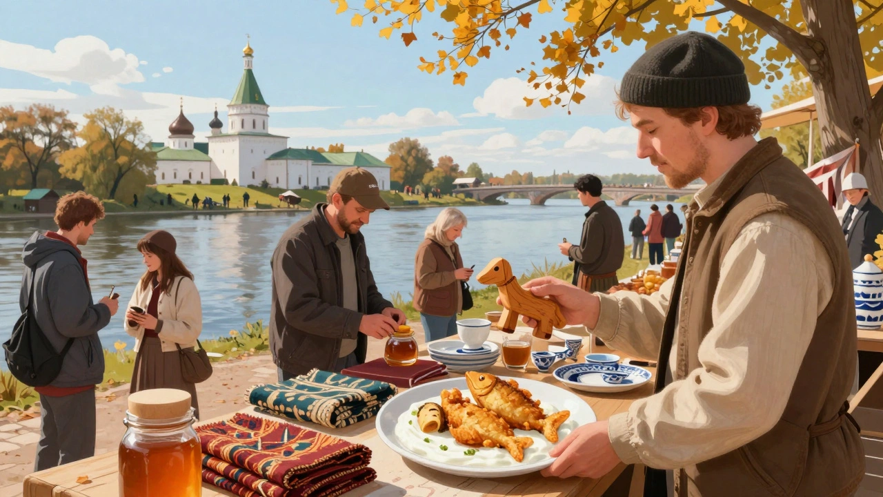 Путешественник покупает жареного карася и деревянную игрушку на рынке в Суздале.