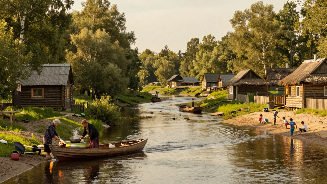 Ранняя Волга течёт мимо деревенских домов, где местные готовят уху и играют дети на песчаном берегу.