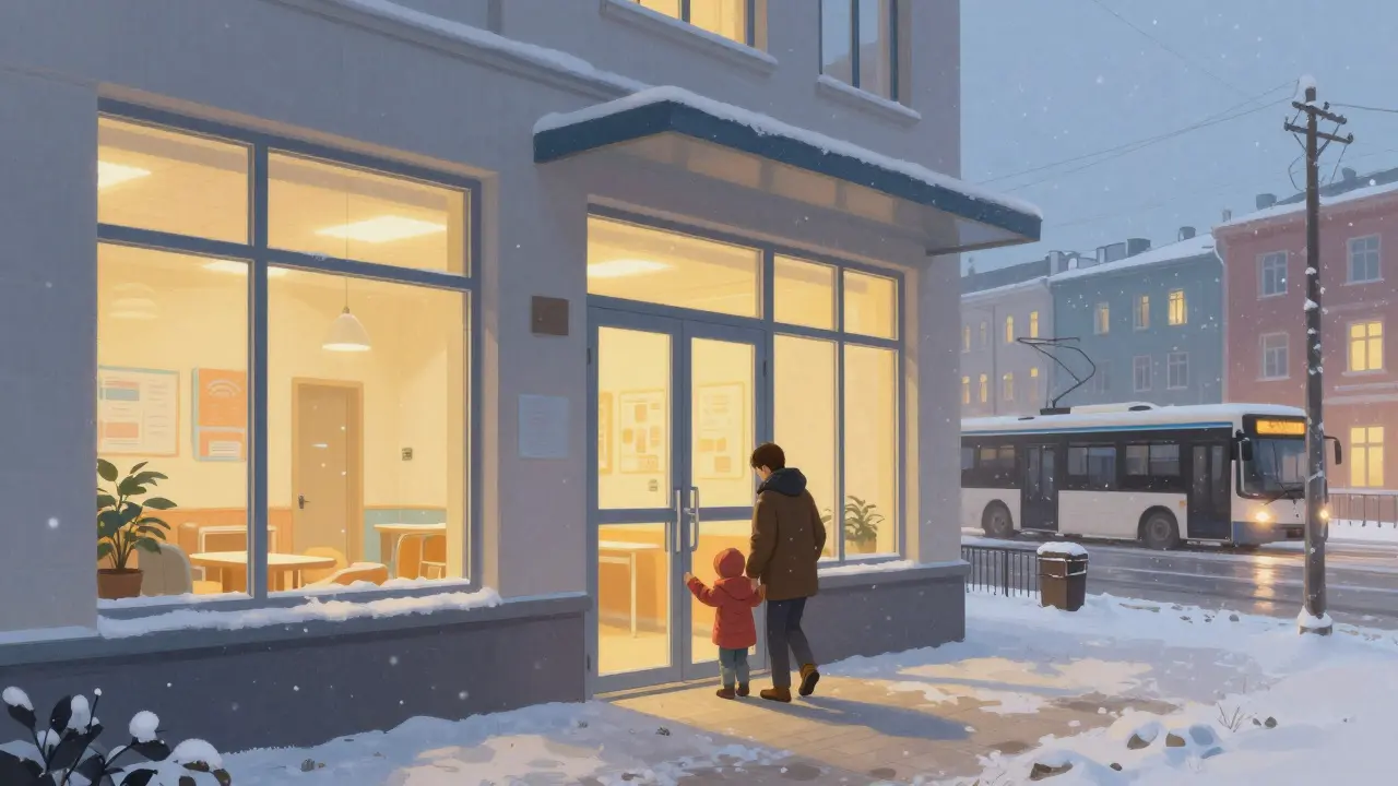 Ребёнок входит в современную детскую клинику в Новосибирске под снегом.