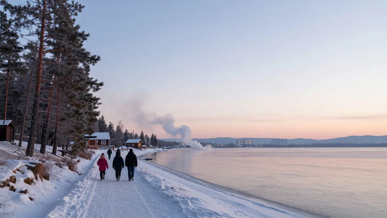 Семья идёт к Байкалу утром в Иркутске, за ними — тихий сибирский город.