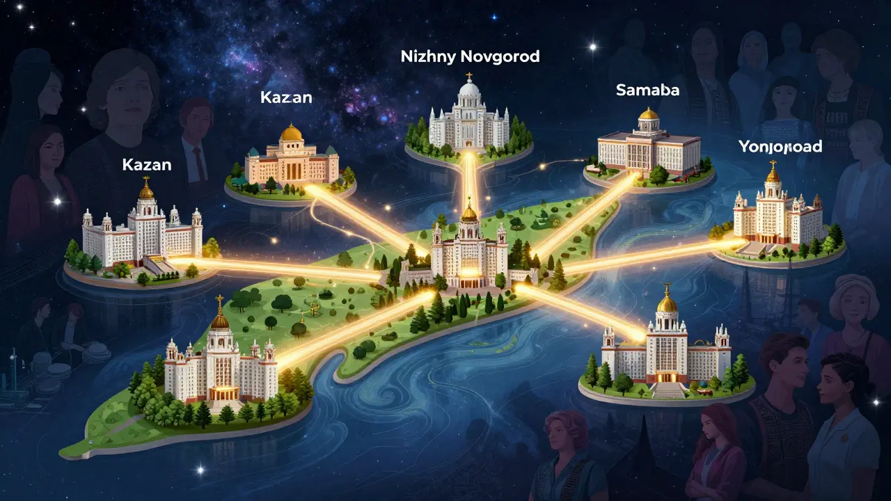 Схематичное изображение Волги как связующей артерии между пятью крупными городами.