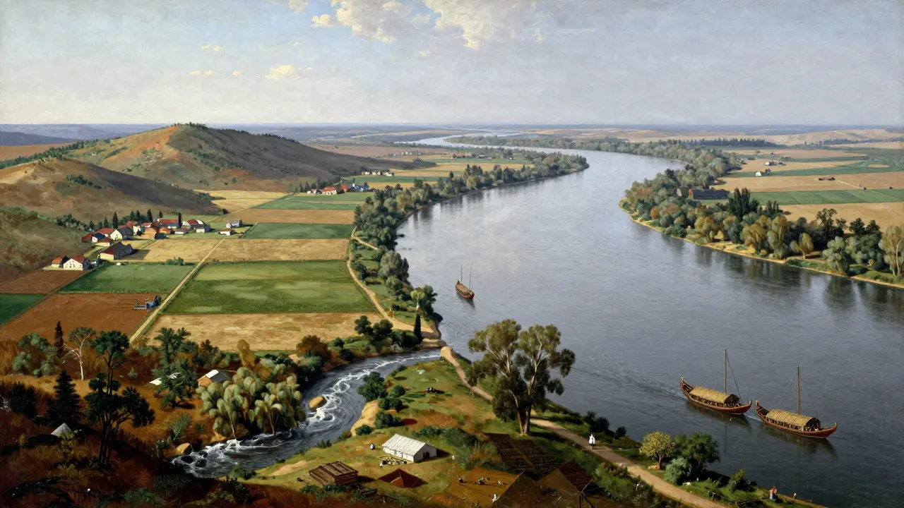 Сливание Северского Донца с Доном на границе России и Украины, чёткое разделение территорий.