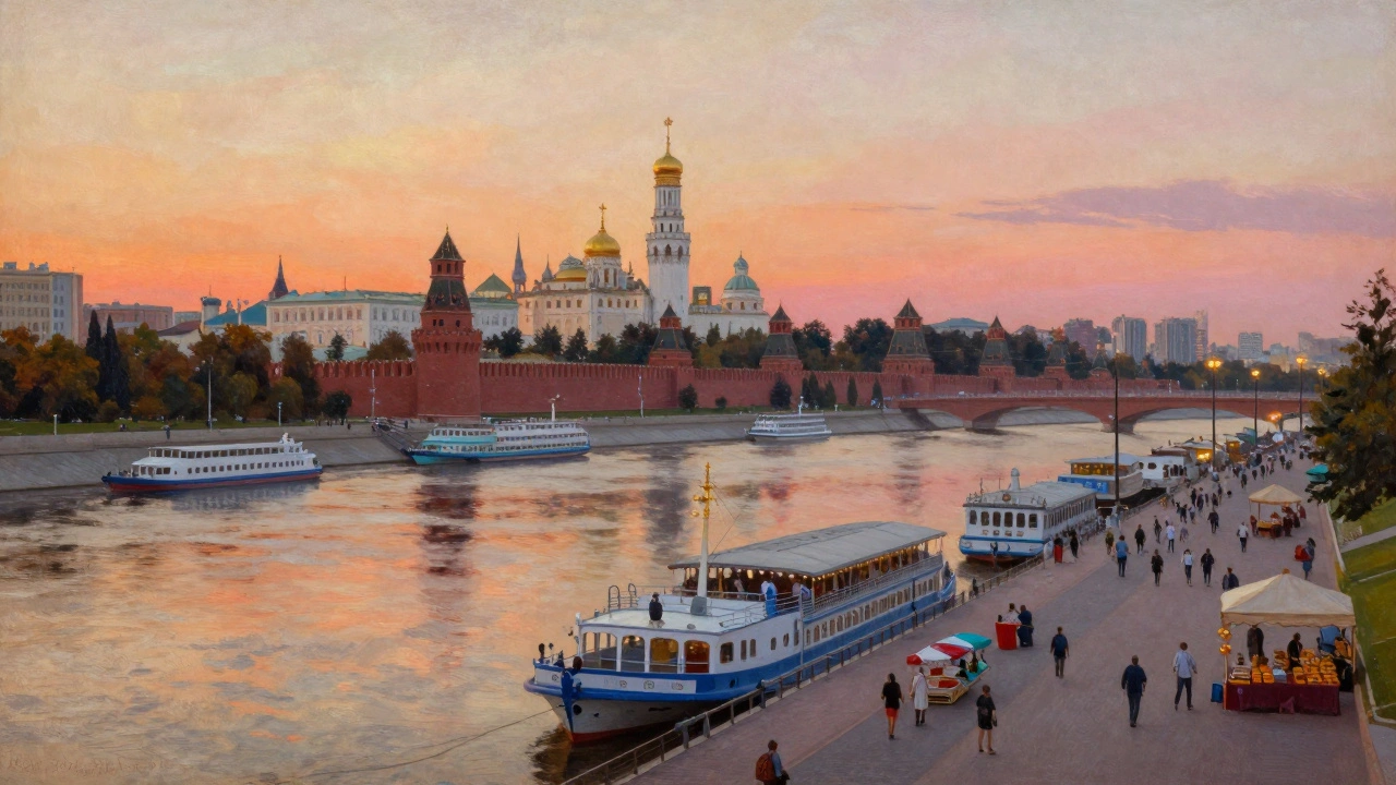 Соединение Волги и Оки в Нижнем Новгороде с Кремлем и речными судами на закате.