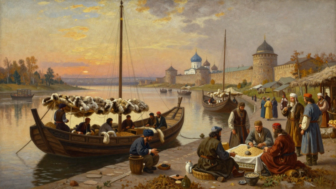 Средневековый порт на Волге с торговцами разных народов и деревянными кораблями.