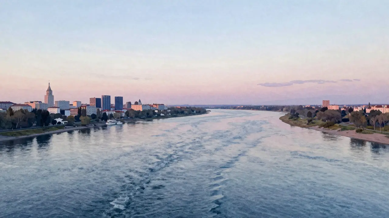 Устье реки Дон в Азовском море, вид с российской стороны, Украина — за горизонтом.