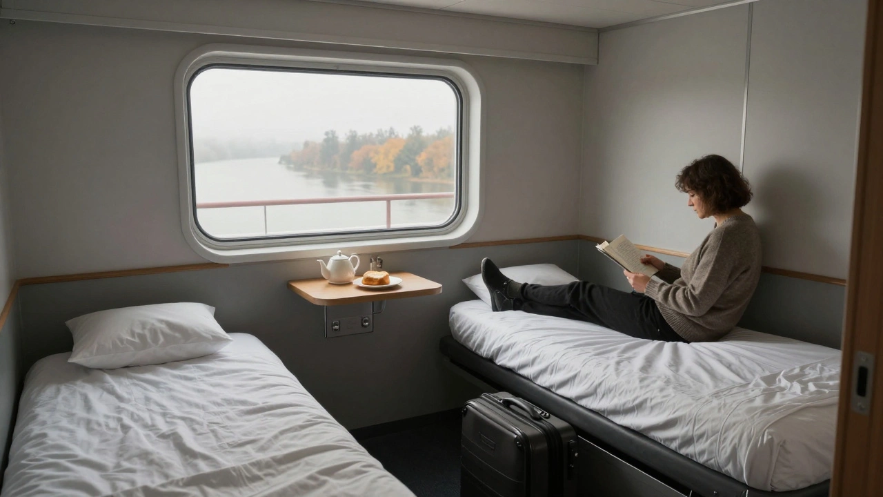 Уютная кабина на круизном судне с двумя кроватями, чайником и видом на реку.