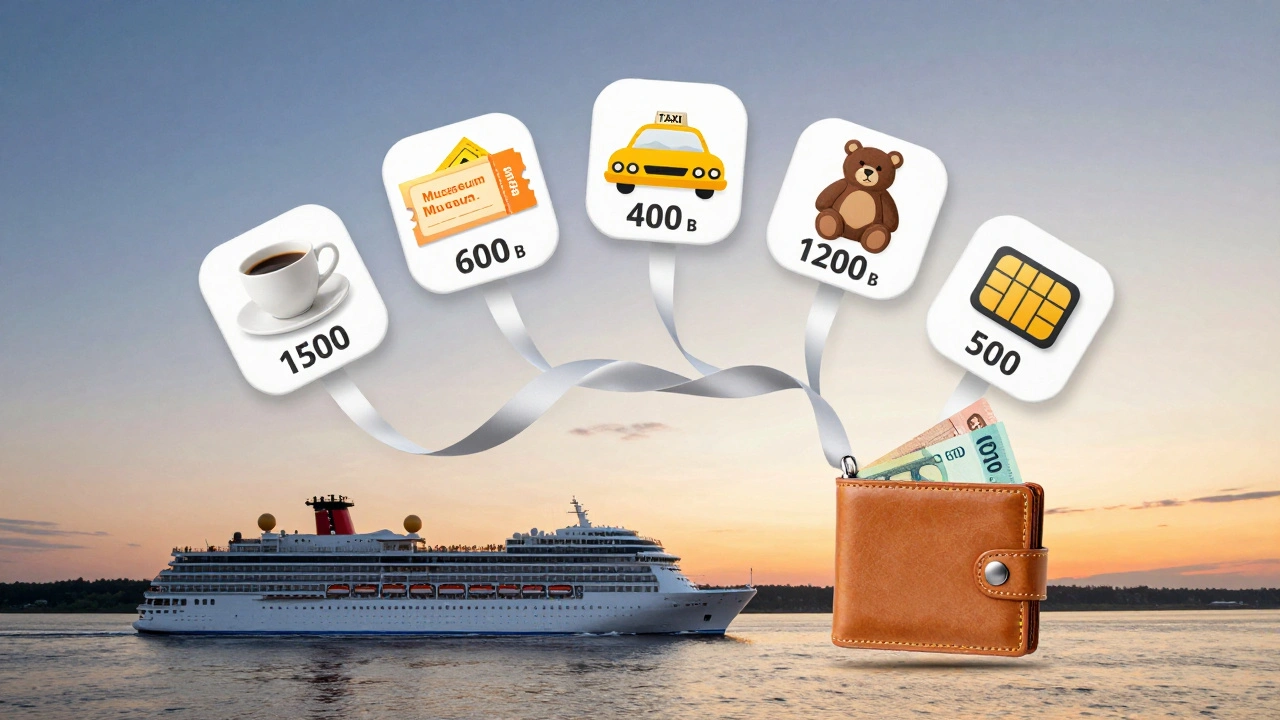 Визуализация бюджета круиза: иконки расходов над кораблём на фоне Волги при закате.