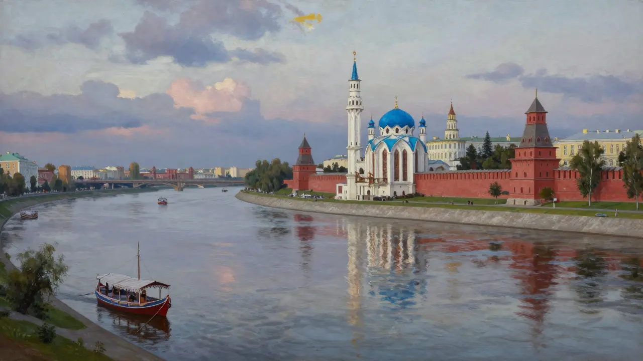 Волга у Казанского кремля с мечетями и татарскими лодками на воде.