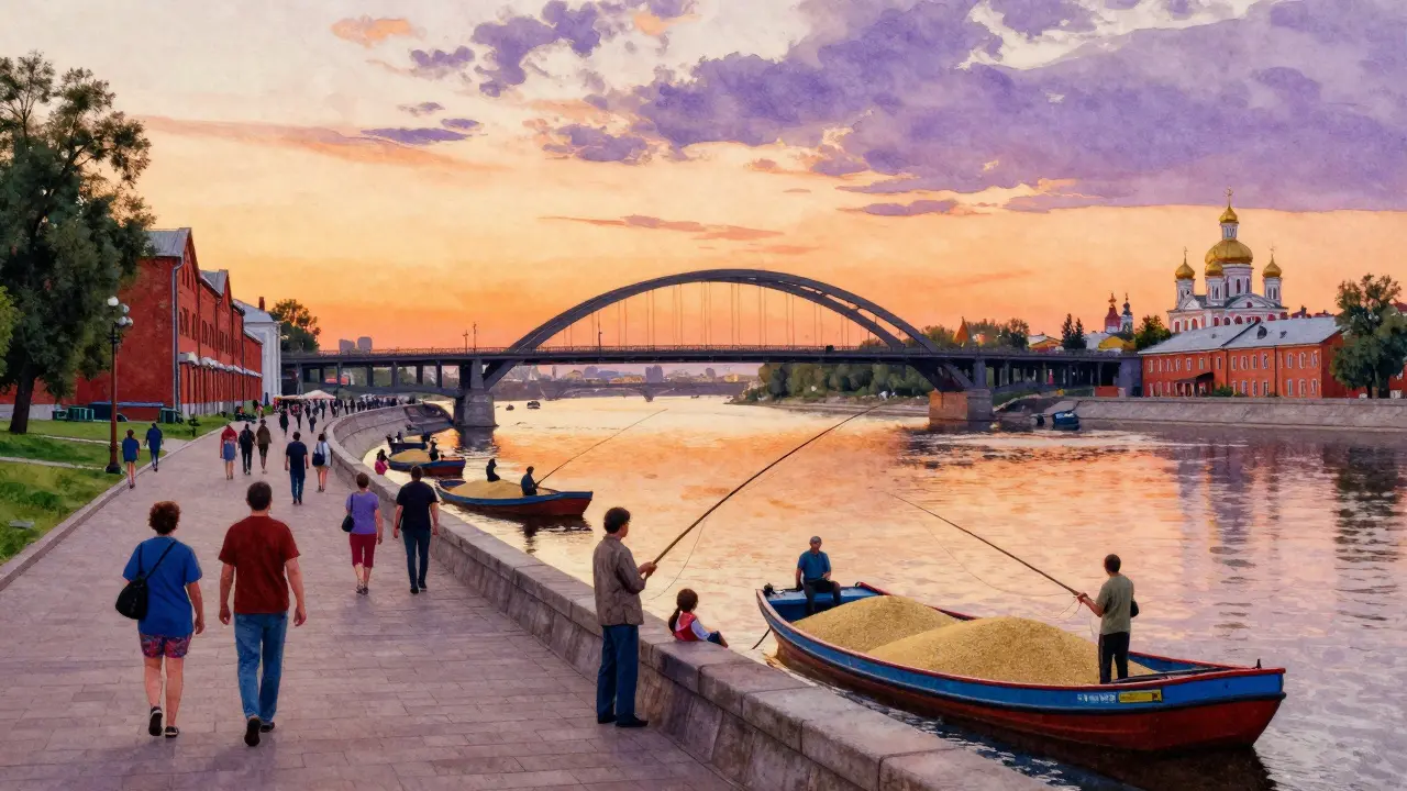 Закат на набережной Нижнего Новгорода: люди, рыбаки и баржи под светом огней.