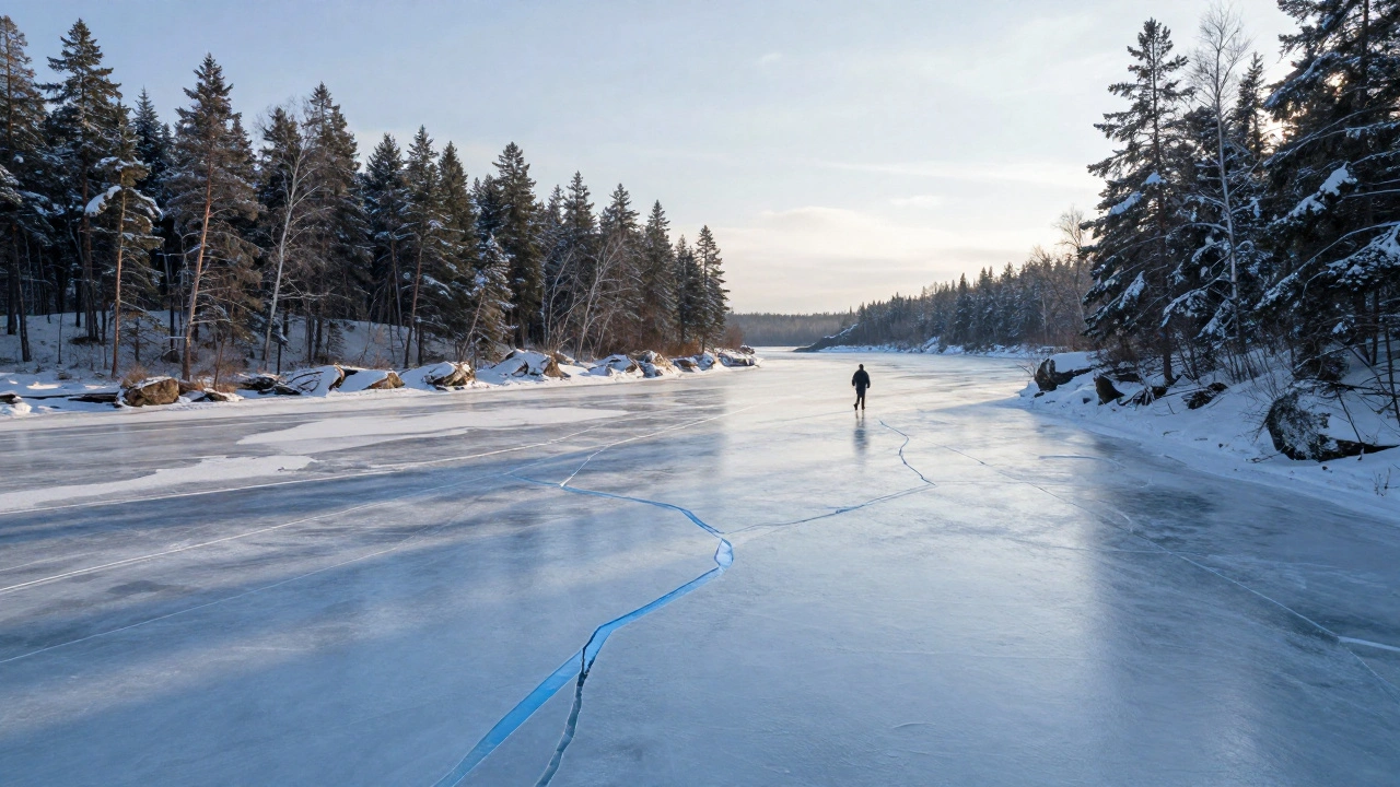 Зимой Волга замерзла: человек идёт по льду к первому порогу, окружённый снежными соснами и тишиной.