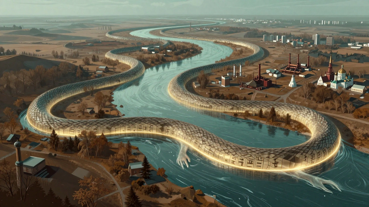 Живая река Волга, отражающая города, монастыри и рунические письмена.