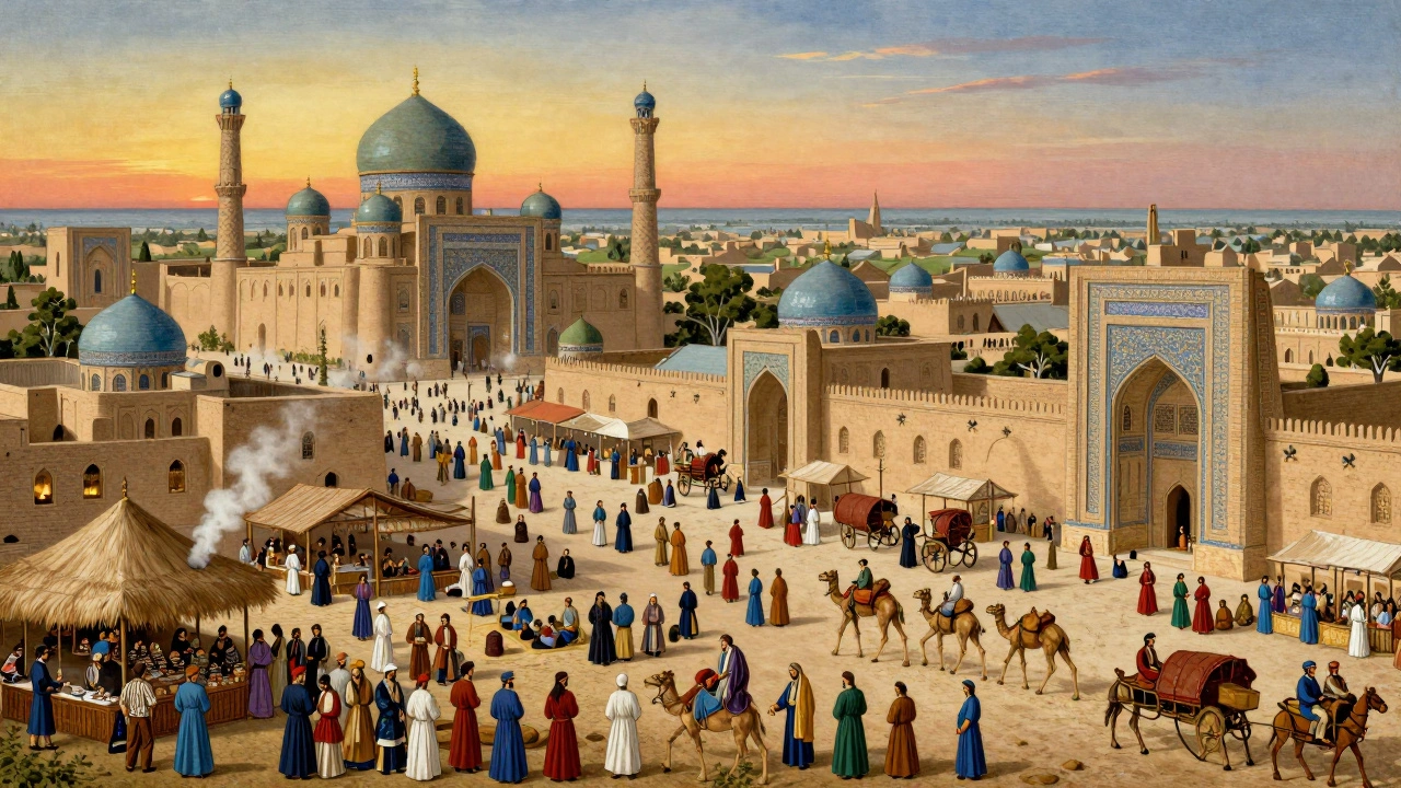 Живописная сцена средневекового Сарая: рынки, мечети и караваны на берегу Волги в расцвете Золотой Орды.