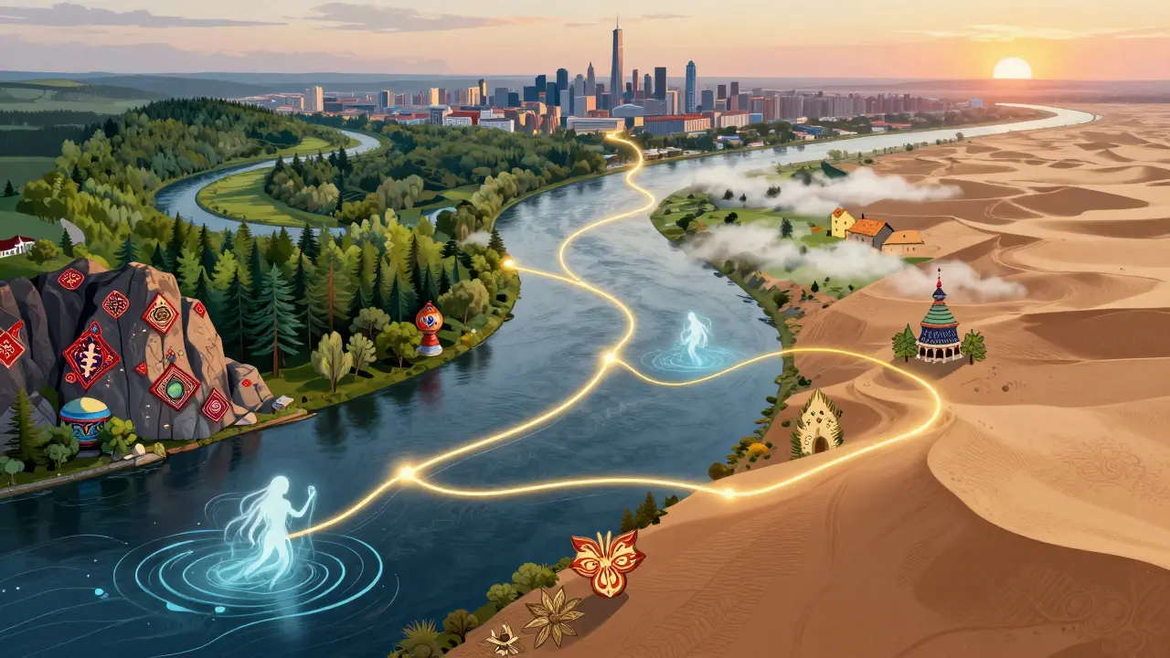 Золотая река Волга соединяет пять республик России через их культурные символы.